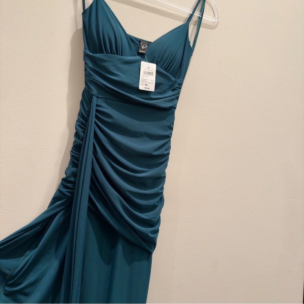 NWT Windsor Hunter Dark Green/Blue V Neck Side Slit Maxi Formal Dress Size XS